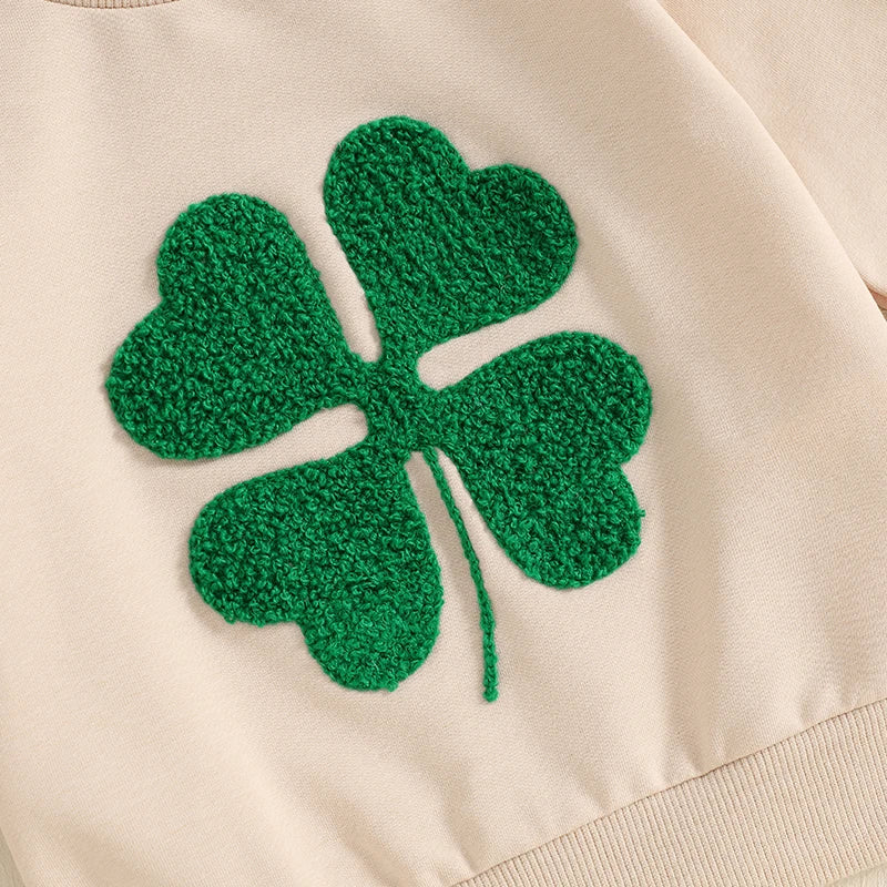 Baby Toddler Girl Boy St. Patrick's Day Casual Four Leaf Clover Shamrock Embroidery Long Sleeve Crewneck Top