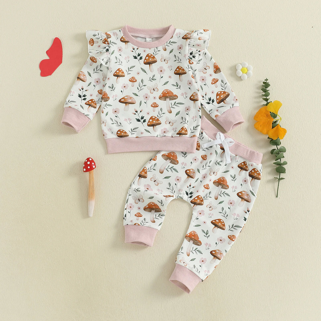 Baby Toddler Girl 2Pcs Fall Outfit Long Sleeve Mushroom Floral Print Top + Pants Jogger Set Clothes