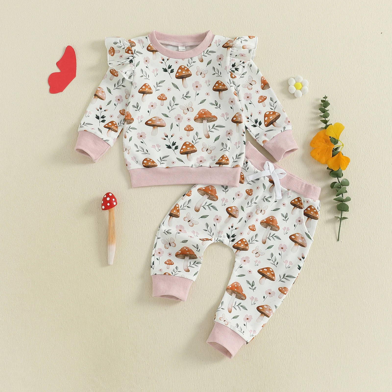 Baby Toddler Girl 2Pcs Fall Outfit Long Sleeve Mushroom Floral Print Top + Pants Jogger Set Clothes
