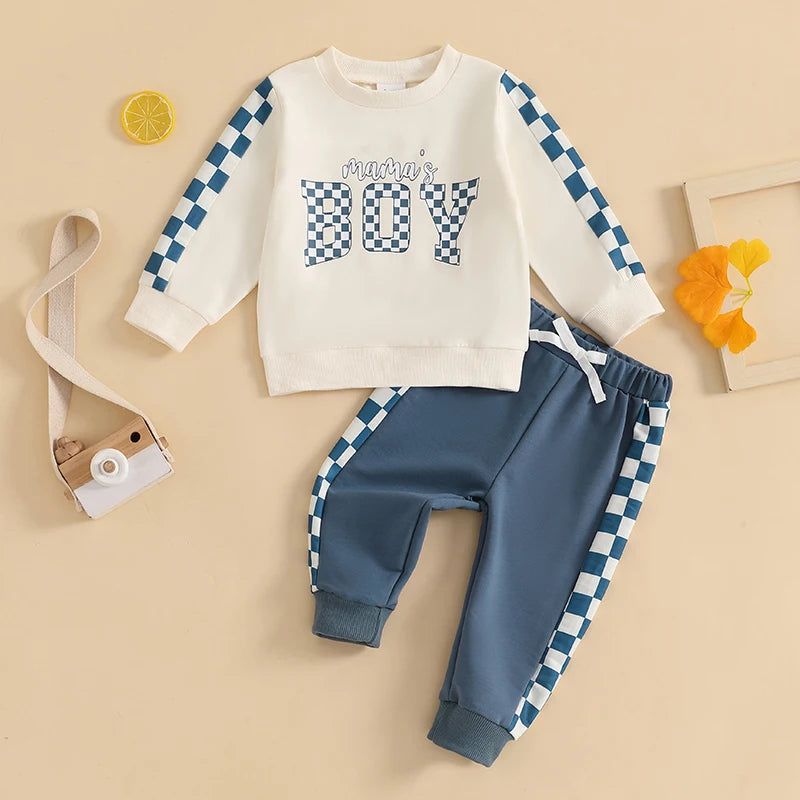 Baby Toddler Boys Girls 2Pcs Mama's Boy / Girl Outfit Checkered Letter Print Long Sleeve Crewneck Top and Elastic Pants Jogger Set