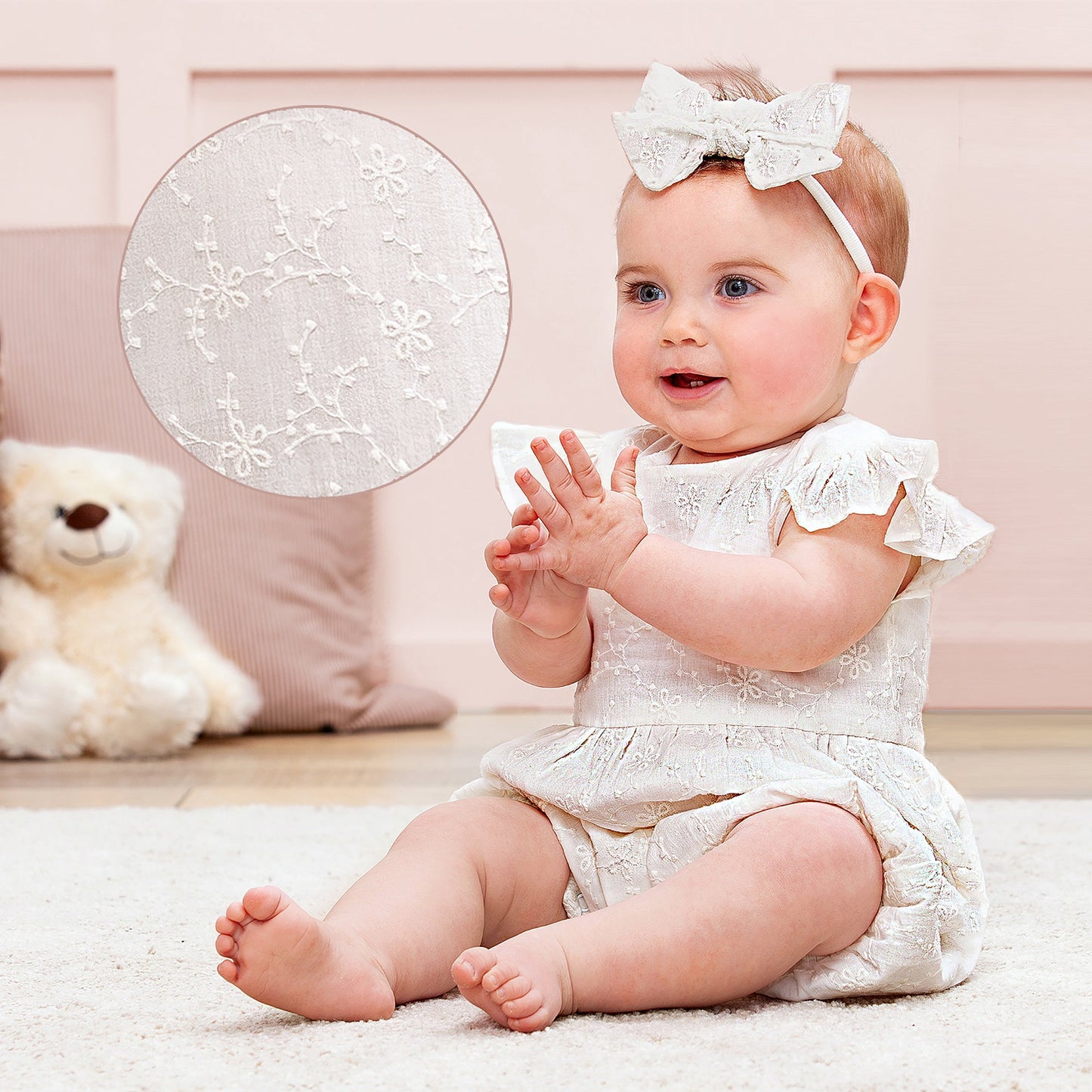 Cotton Eyelet Baby Romper with Flutter Sleeves