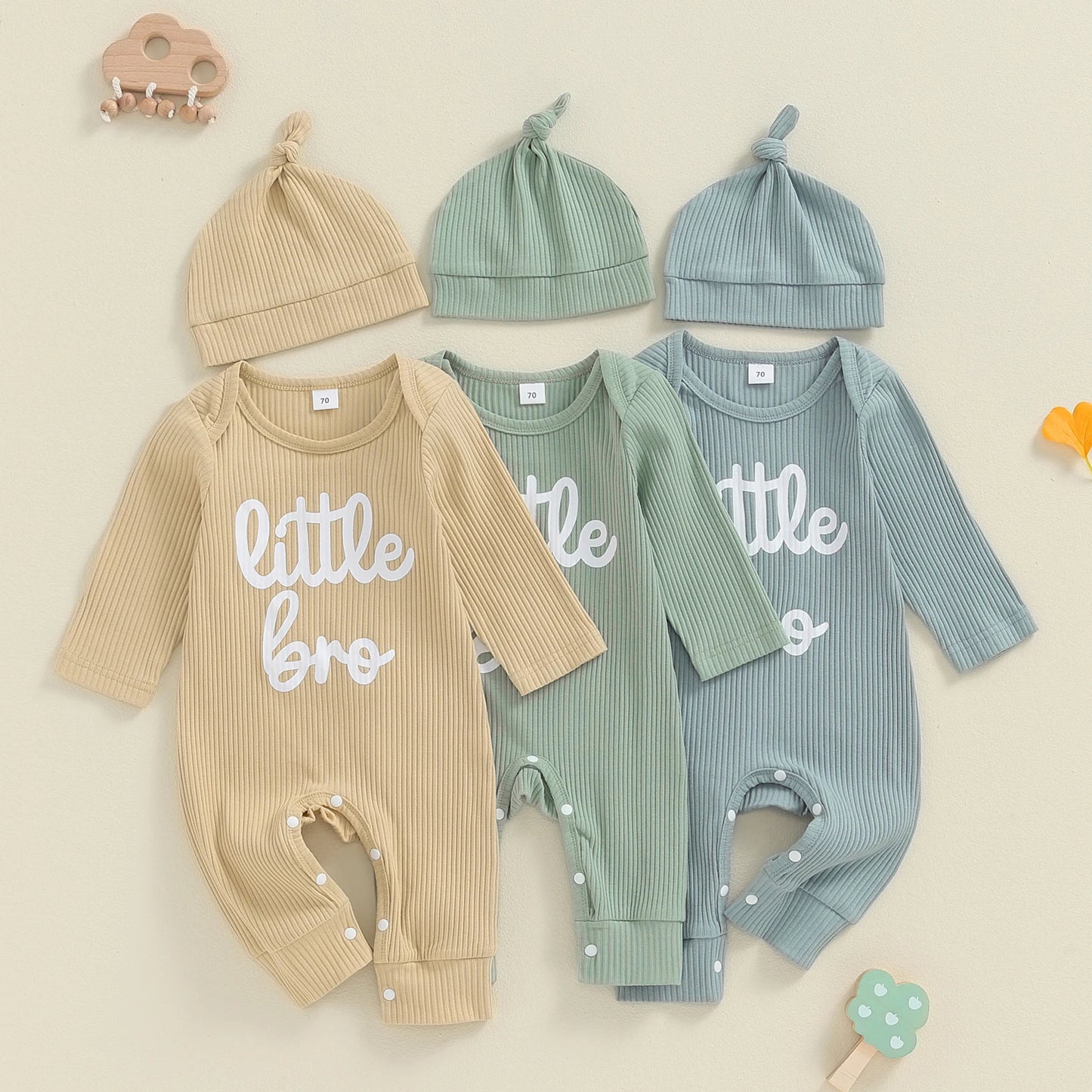 Baby Boys 2Pcs Little Bro Jumpsuit Set Long Sleeve Crew Neck Letters Print Romper with Hat Fall Outfit