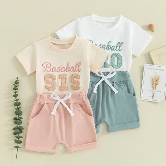 Toddler Baby Boy Girl 2Pcs Baseball Sis / Bro Summer Clothes Letter Embroidery Short Sleeve Top and Shorts Matching Sibling Outfit Set