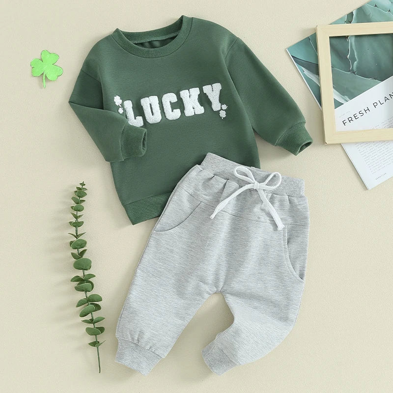 Baby Toddler Boys Girls 2Pcs Irish St. Patrick's Day Outfit Sets Long Sleeve Letter Lucky Leaf Clover Embroidery Top + Drawstring Pants