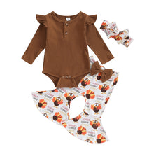 Load image into Gallery viewer, Baby Girl 3Pcs Thanksgiving Clothes Flying Sleeve Crewneck Romper Turkey Pattern Flare Pants Bow Headband Outfit Set

