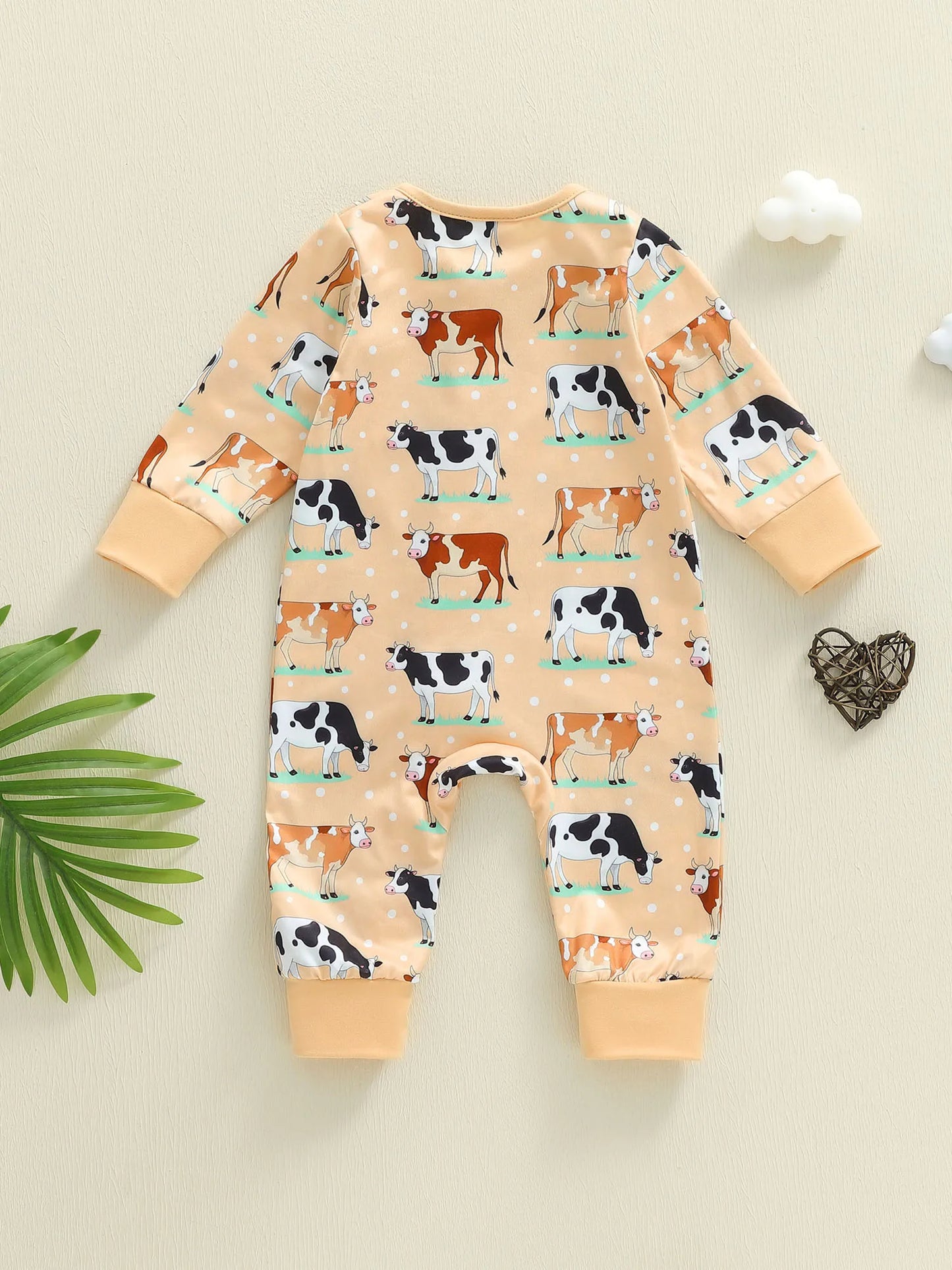 Baby Boy Girl Cow Printed Romper Fashionable Round Neck Long Sleeve Fall Spring Zipper Jumpsuits