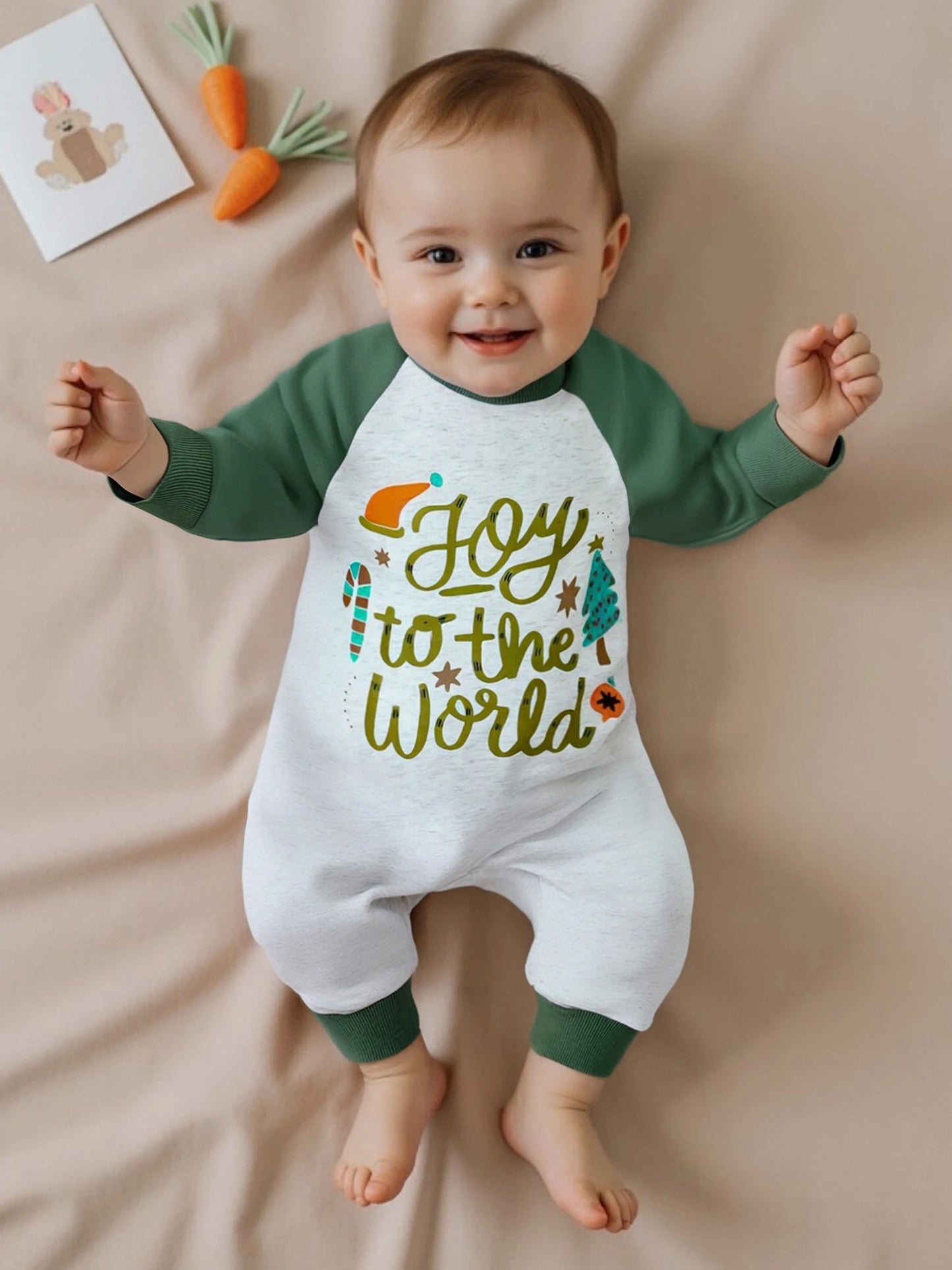 Baby Boys Girls Joy To The World Christmas Romper Letter Tree Long Raglan Sleeve Crewneck Jumpsuit Winter Clothes