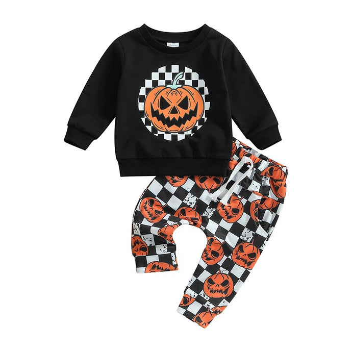 Baby Boys Girls 2Pcs Halloween Outfits Long Sleeve Pumpkin Top Plaid Checkered Pants Set