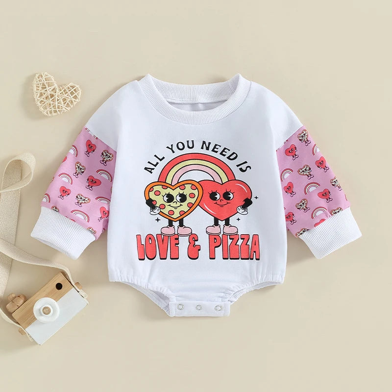 Baby Girls Bubble Romper Valentine's Day Heart Print Letters All You Need Is Love & Pizza Heart Long Sleeve Jumpsuit