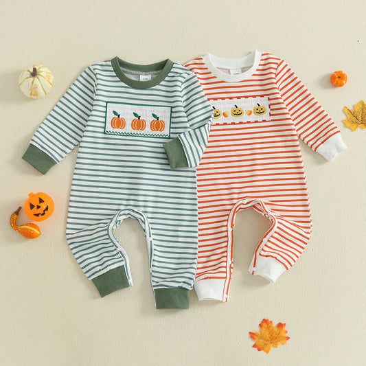 Baby Girl Boy Halloween Romper Casual Pumpkin Embroidery Striped Long Sleeve Jumpsuit Fall Toddler Cute Clothes
