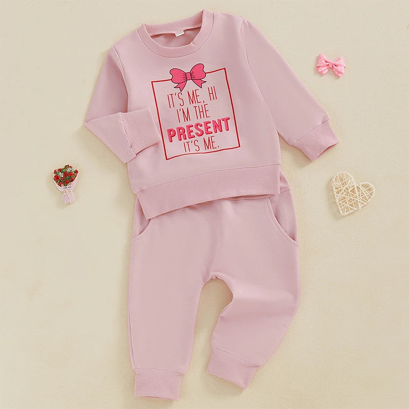 Baby Toddler Girls 2Pcs It's Me Hi I'm The Present It's Me Valentine's Day Outfit Bow Letter Print Crew Neck Long Sleeve Top Long Pants Valentines Jogger Set