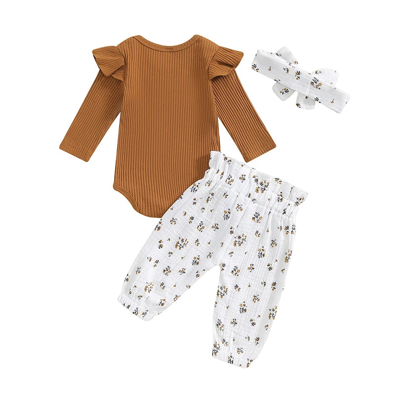 Baby Girls 3Pcs Fall Outfit Long Sleeve Ribbed Ruffle Shoulder Romper with Floral Flower Print Pants and Headband Set