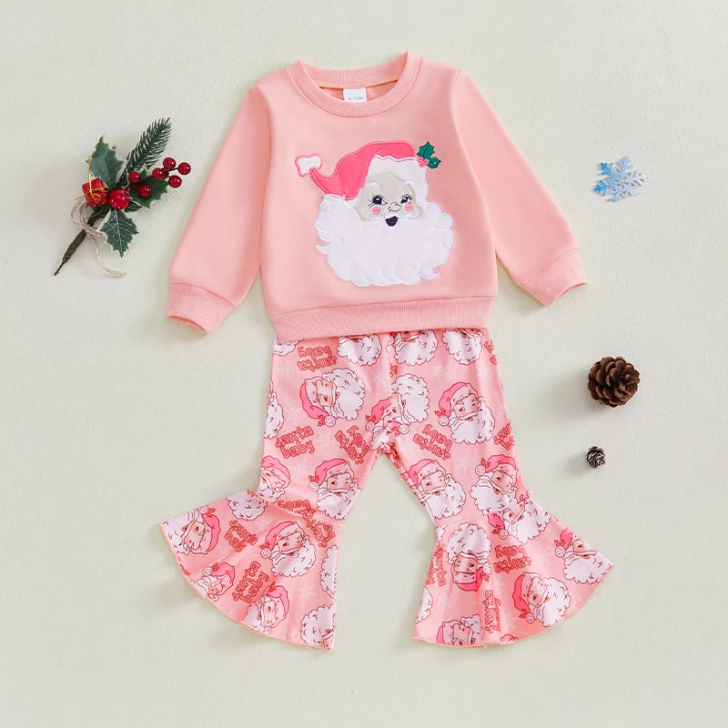 Baby Toddler Girl 2Pcs Christmas Outfit Santa Embroidery Long Sleeve Crewneck Top and Flare Pants Set