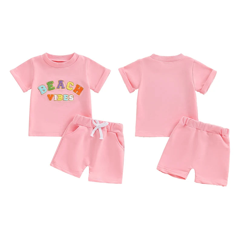 Baby Toddler Girls 2Pcs Beach Vibes Short Sleeve Embroidery Letters Top with Elastic Waist Shorts Summer Outfit Set