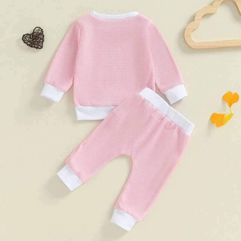 Baby Toddler Girls 2Pcs Fall Outfit Bow Print Crew Neck Long Sleeve Waffle Top and Long Pants Set