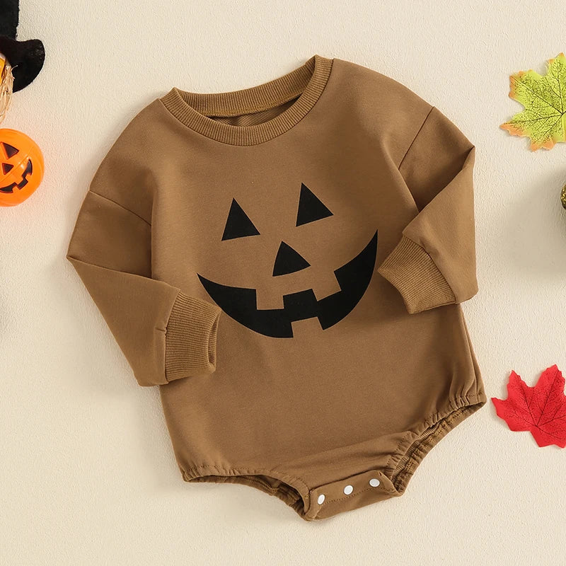 Baby Girls Boys Halloween Romper Casual Pumpkin Jack O Lantern Face Print Round Neck Long Sleeve Jumpsuit