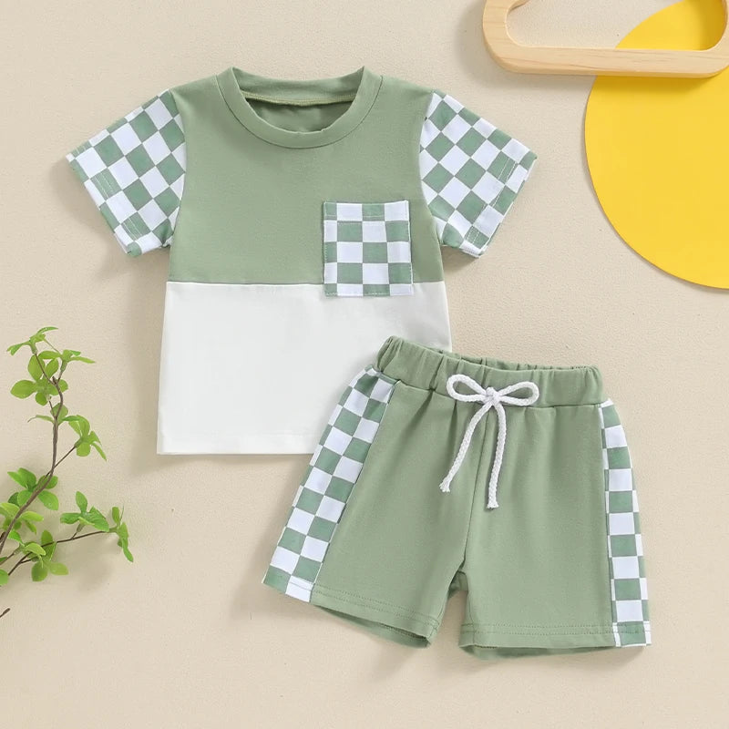 Baby Toddler Boys 2Pcs Summer Short Sleeve Checkerboard Print Top Drawstring Shorts Set Outfit