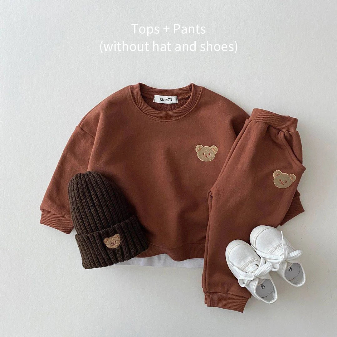 Baby Toddler Girls Boys 2Pcs Jogger Set Long Sleeve Bear Embroidery Top with Pants Outfit