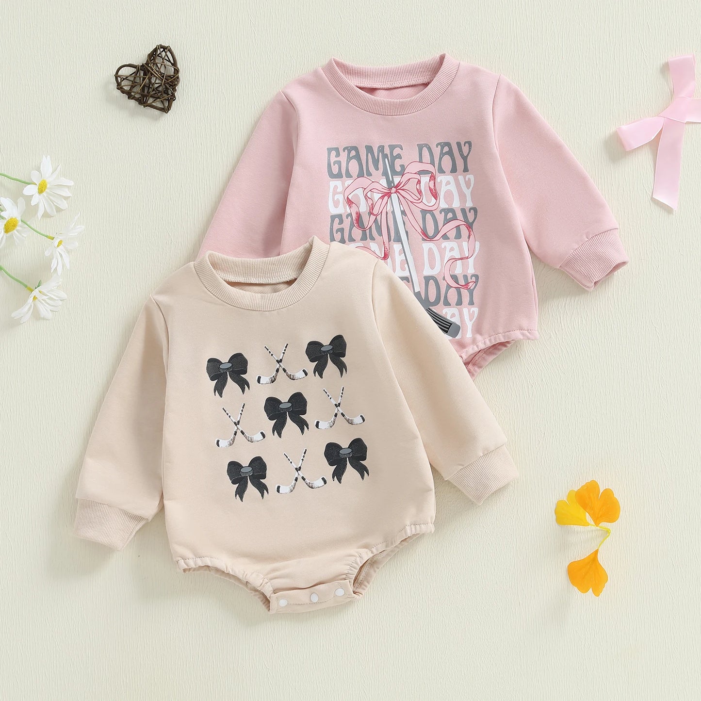 Baby Girls Fall Romper Bow Hockey / Game Day Letter Print Long Sleeve Round Neck Bubble Jumpsuit