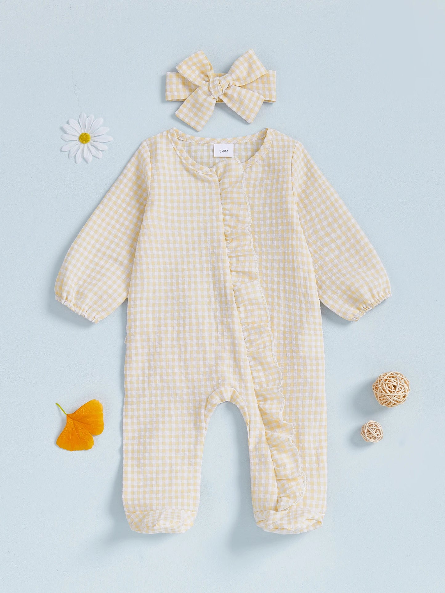 Baby Girl 2Pcs Fall Footies and Headband Set Plaid Ruffled Trim Zip Front Long Sleeve Zipper Romper