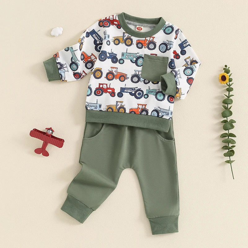 Baby Toddler Boys 2Pcs Set Long Sleeve Crew Neck Tractor Print Top with Elastic Waist Pants Outfit