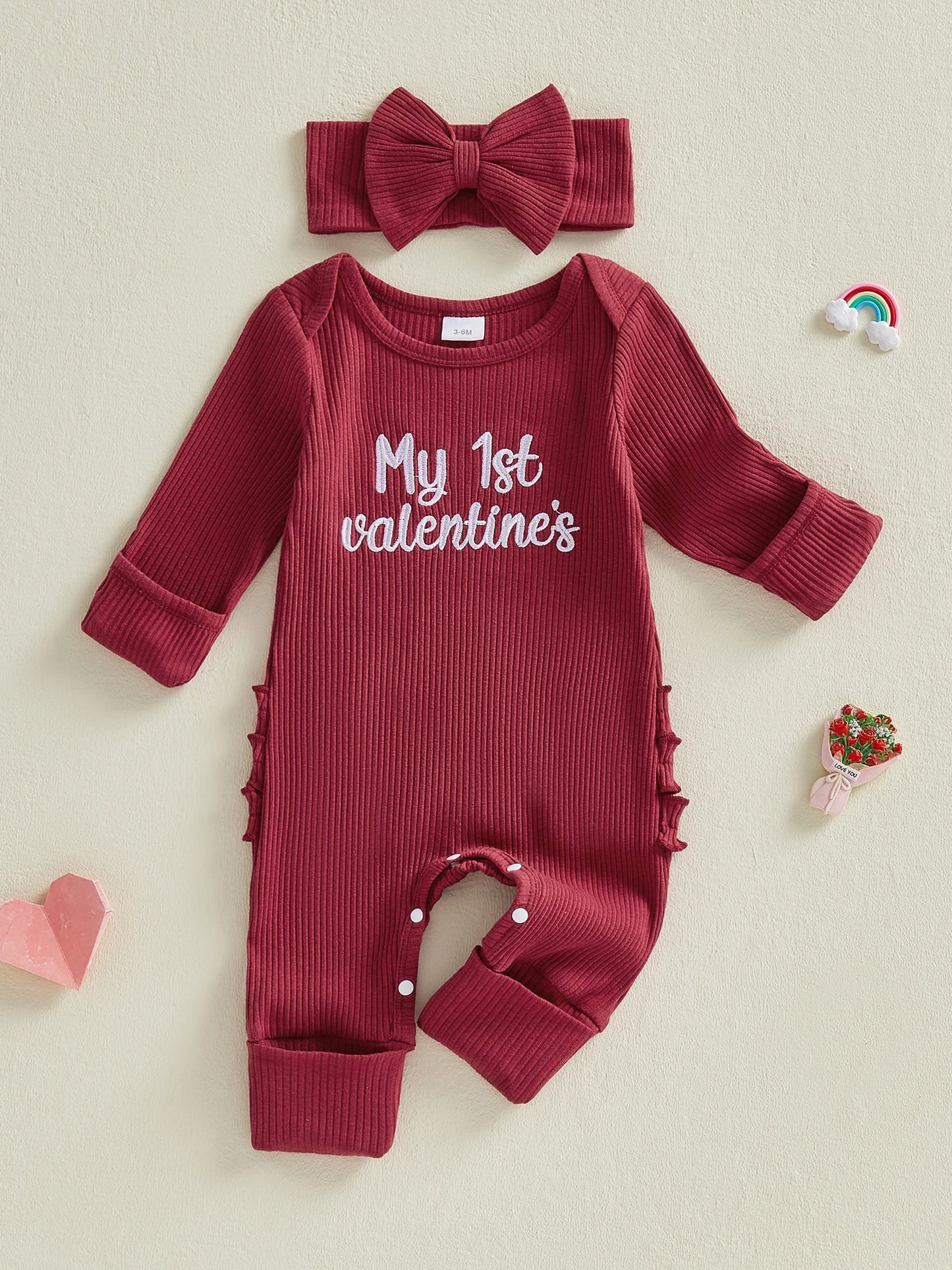 Baby Girls 2Pcs My 1st Valentine's Outfit Letter Embroidered Long Sleeve Romper and Bow Headband Set