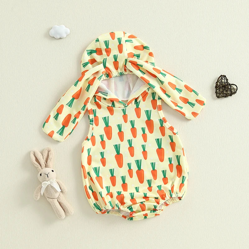 Baby Girls Boys Easter Romper Carrot / Bunny Print Sleeveless Tank Rabbit Ears Hooded Jumpsuit