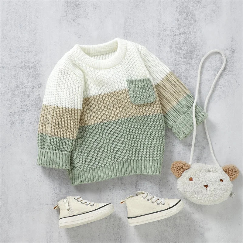 Baby Toddler Boys Girls Knit Sweater Contrast Color Pocket Crewneck Pullover Long Sleeve Top