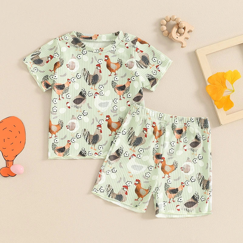 Toddler Kids Girls 2Pcs Clothes Set Chicken Cow Flower Print Short Sleeve Top with Shorts Summer Outfit