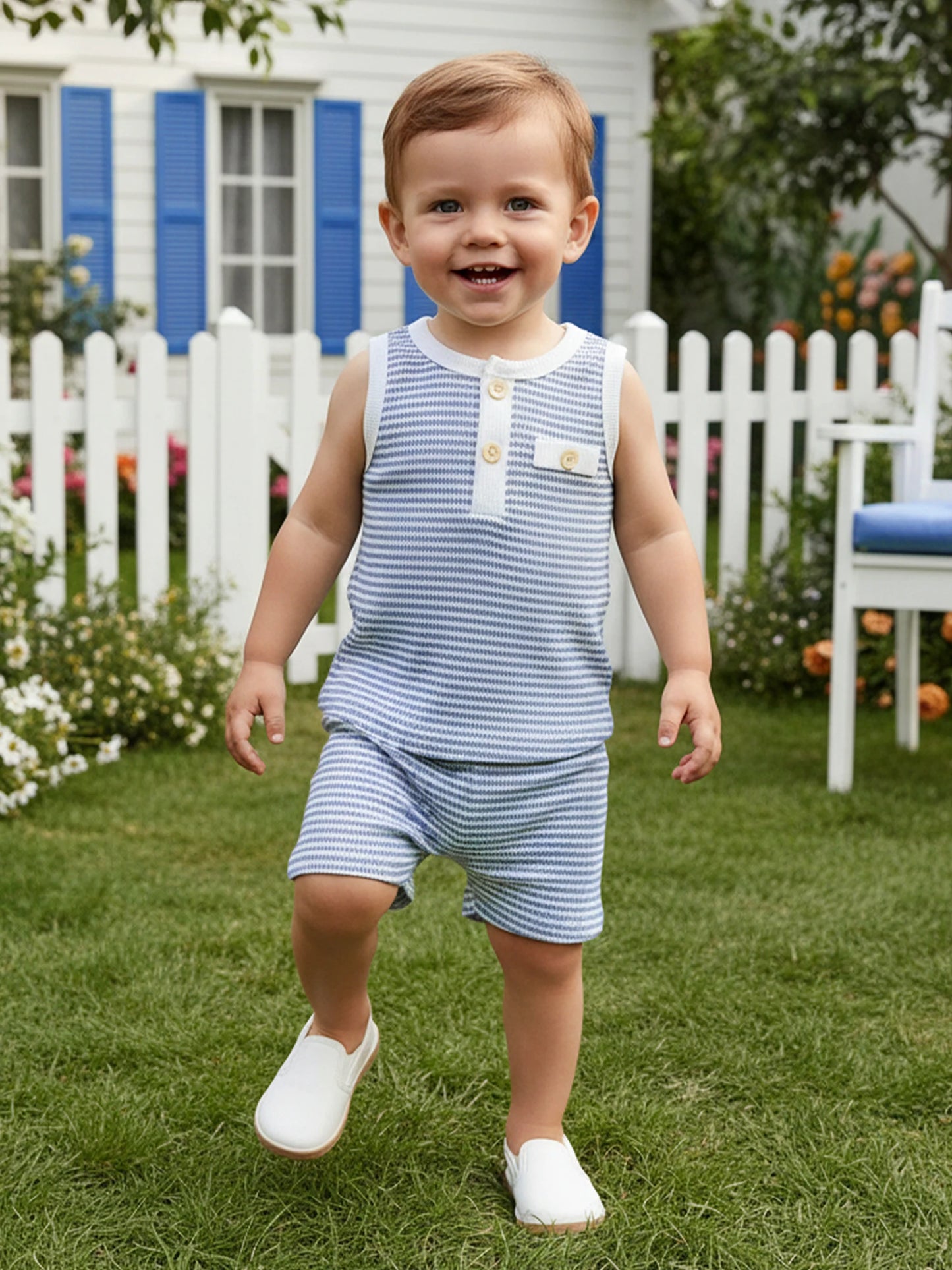 Baby Toddler Boys 2Pcs Summer Outfit Contrast Color Striped Half Button Up Crew Neck Sleeveless Tank Top and Shorts Set