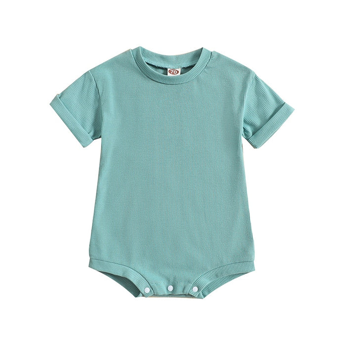 Infant Baby Boys Girls Summer Bodysuit Short Sleeve Crew Neck Solid Ribbed Jumpsuit Bubble Romper