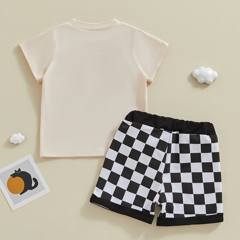 Baby Toddler Boy 2Pcs Cool Cousins Club Letter Print Top and Checkered Shorts Clothing Set Outfit