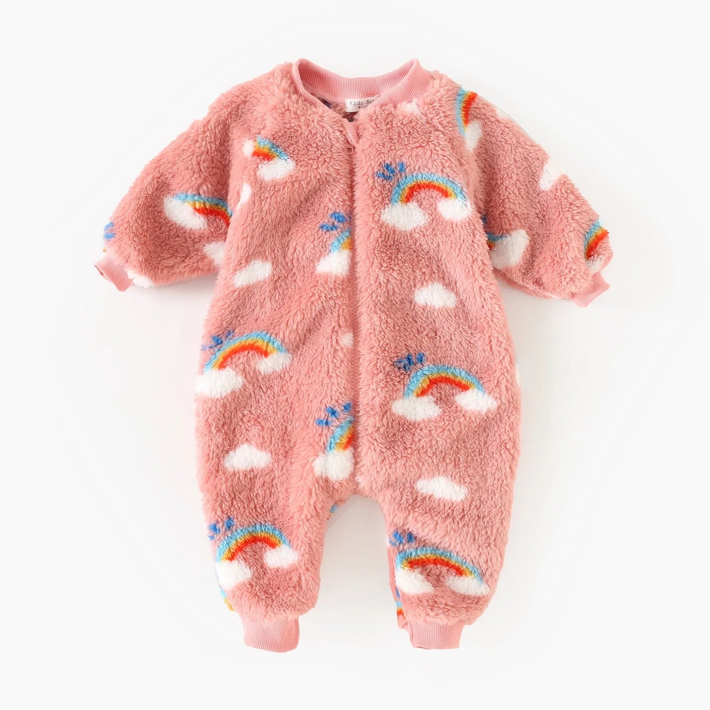 Baby Toddler Girl Winter Clothes Warm Thick Romper Zipper Long Sleeve Jumpsuit Rainbow Print Fleece Outfit