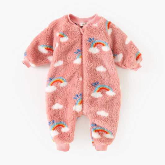 Baby Toddler Girl Winter Clothes Warm Thick Romper Zipper Long Sleeve Jumpsuit Rainbow Print Fleece Outfit