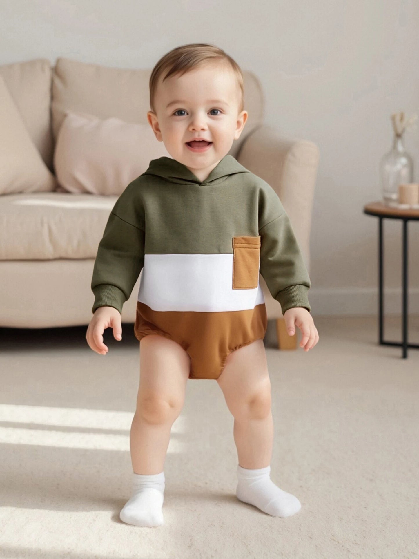 Baby Toddler Boy Autumn Hooded Romper Contrast Color Patchwork Long Sleeve Jumpsuit Cute Infant Bodysuit