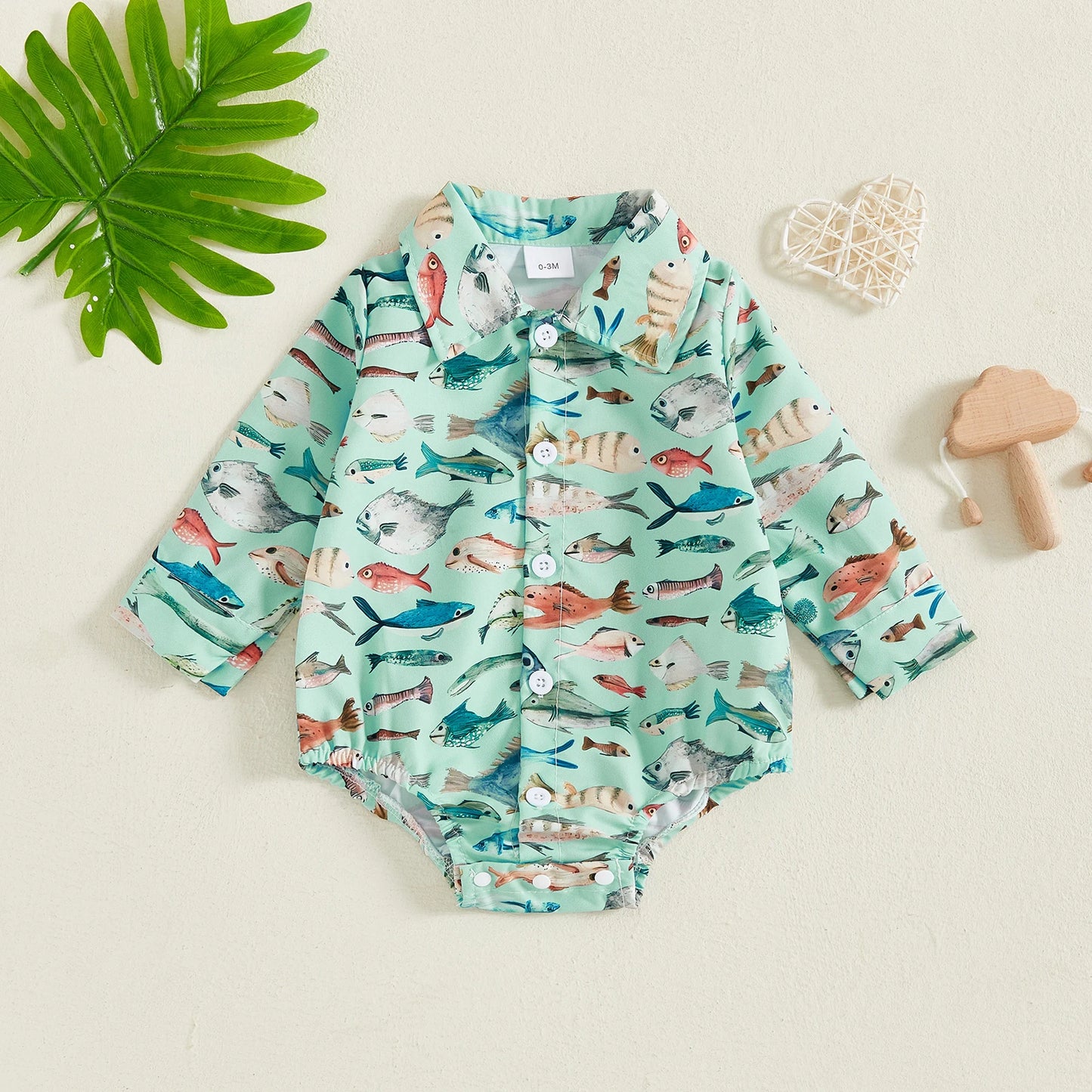 Baby Boys Girls Romper Long Sleeve Lapel Collar Fish Print Bodysuit Fall Playsuit