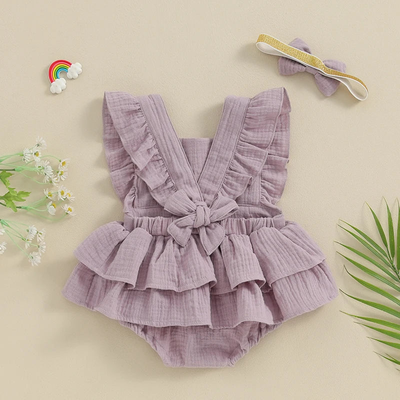 Baby Girls 2Pcs Romper Dress Solid Color Fly Sleeve Skirt Hem Tank Top Bodysuit Summer Clothes with Headband Set