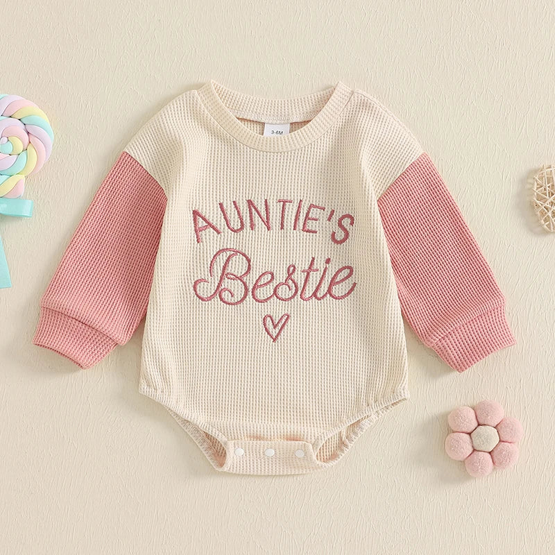 Baby Girls Auntie's Bestie Long Sleeve Embroidery Letters Heart Romper Waffle Bodysuit