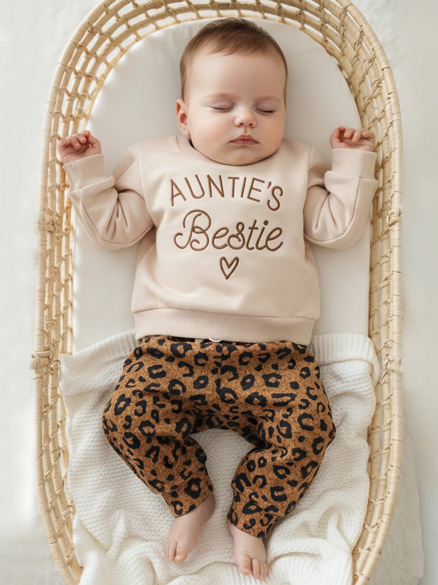 Baby Toddler Girls 2Pcs Auntie's Bestie Spring Outfit Letter Embroidery Long Sleeve Round Neck Pullover Top + Leopard Pants Jogger Set
