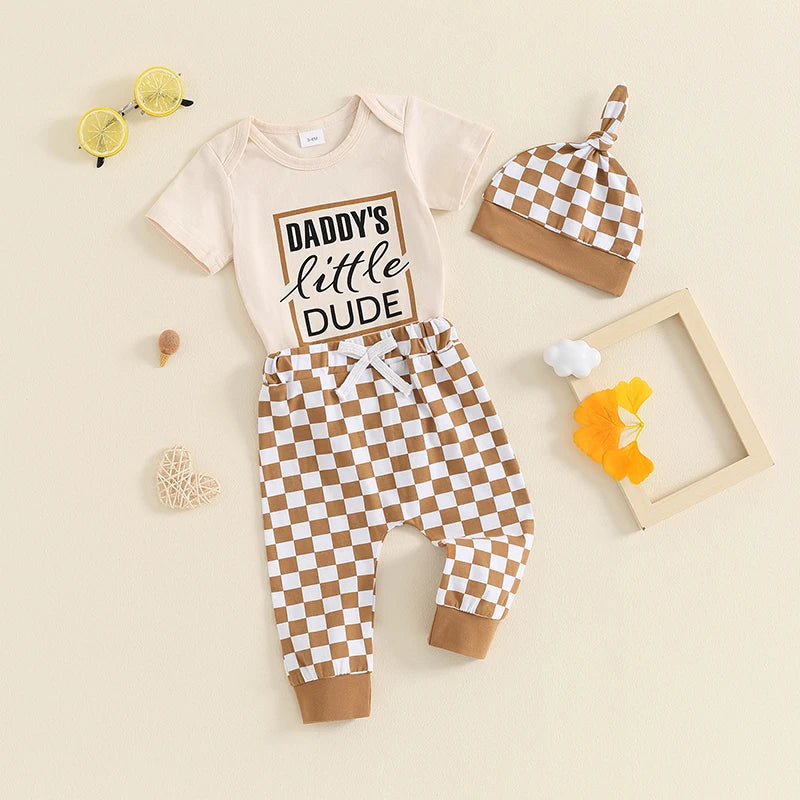 Baby Boys 3Pcs Outfit Daddy's Little Dude Letter Print Crew Neck Short Sleeve Romper Checkerboard Print Long Pants Hat Set