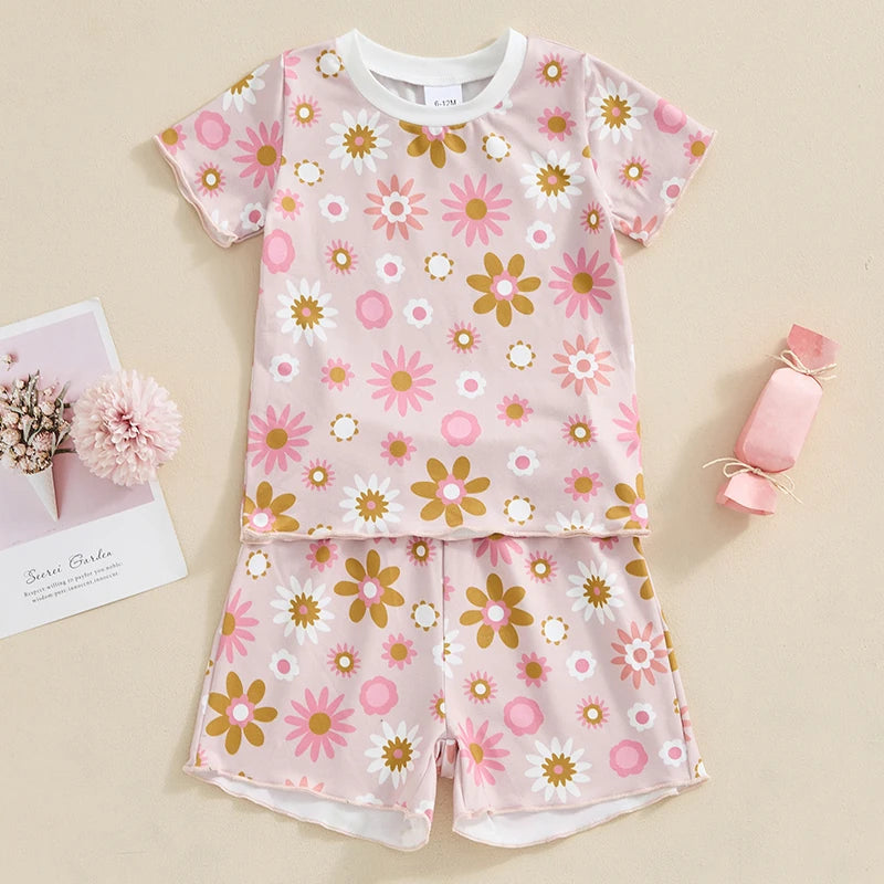 Baby Toddler Girls 2Pcs Outfit Floral Flower Checkered Print Short Sleeve Top with Elastic Waist Shorts Set