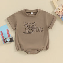 Load image into Gallery viewer, Baby Boy Girl Holy Cow I&#39;m Cute Highland Cow Heart Print Oversized Bubble Romper Short Sleeve Jumpsuit
