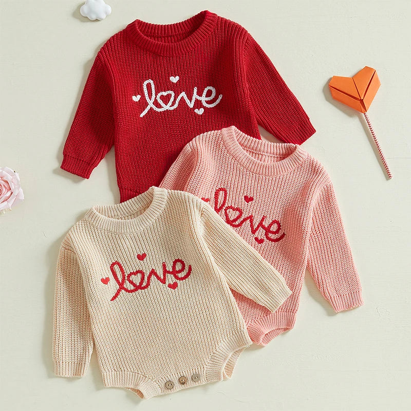 Baby Girl Boy Love Valentine’s Day Romper Long Sleeve O-Neck Letter Embroidery Knit Jumpsuit Sweater Bodysuit