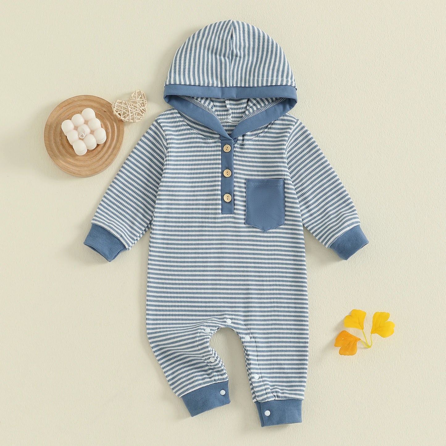 Baby Boy Striped Fall Romper Half Button-up Long Sleeve Hooded Jumpsuit Cute Waffle Clothes
