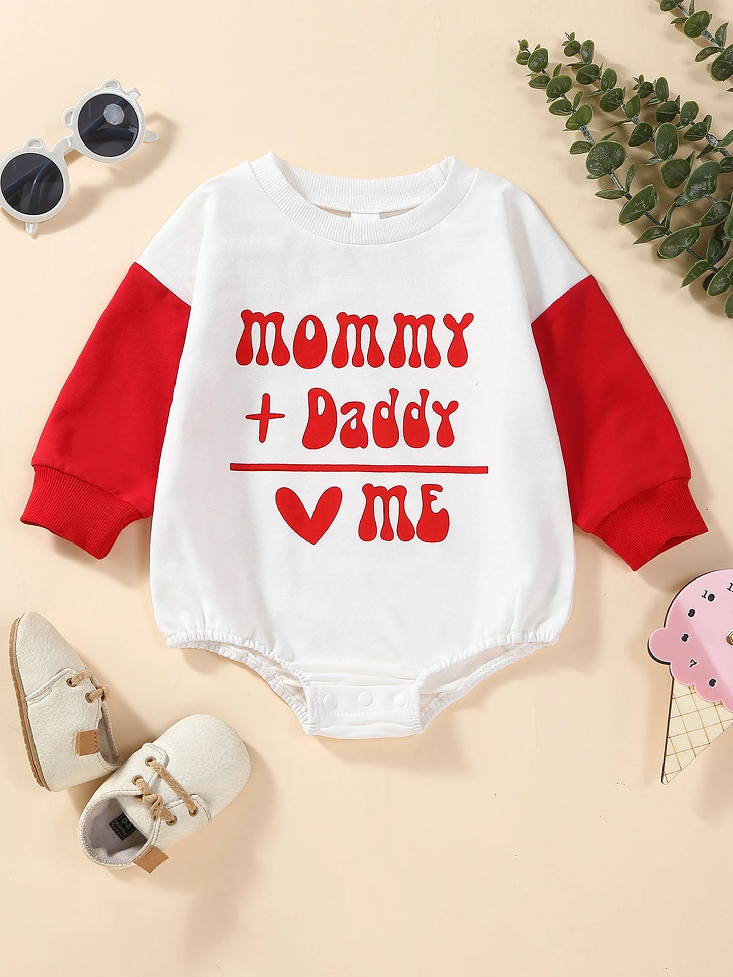 Baby Toddler Girls Boy Romper Valentine's Day Mommy + Daddy = Me Letter Heart Print Contrast Color Long Sleeve Jumpsuit