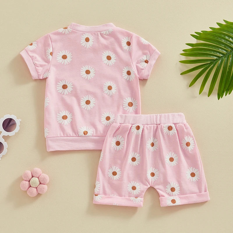 Baby Toddler Girls 2Pcs Spring Summer Clothes Short Sleeve Daisy Flower Print Crew Neck Top Elastic Rolled Shorts Set Outfit