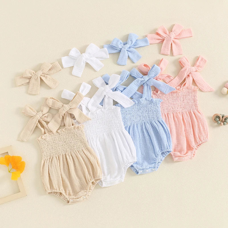 Baby Girl 2Pcs Summer Outfit Cute Sleeveless Tie Shoulder Strap Tank Romper with Headband Set