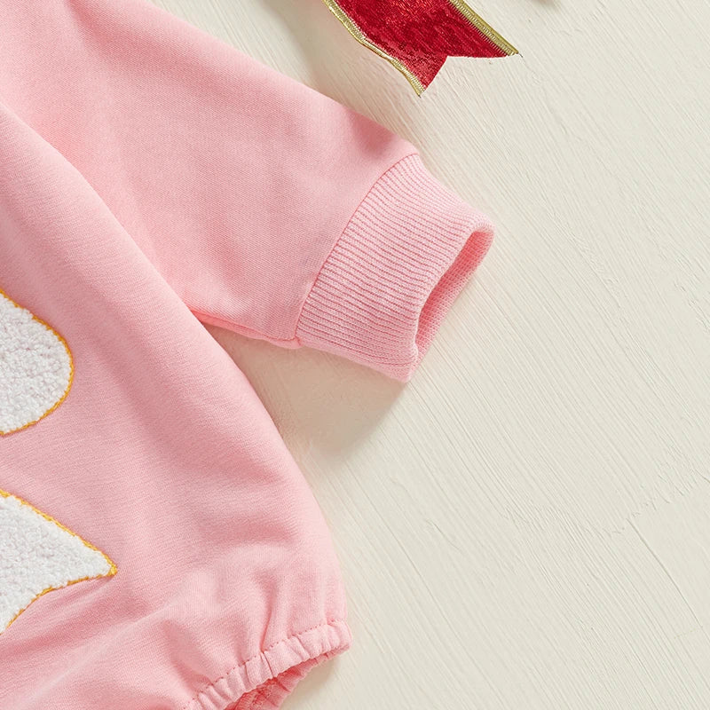 Baby Girl Romper Long Sleeve Round Neck Heart Bow Embroidery Bodysuit Valentine's Day