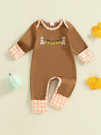 Baby Boys Halloween Romper Pumpkin Dog Embroidery Long Sleeve Round Neck Plaid Jumpsuit