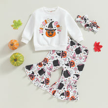 Load image into Gallery viewer, Baby Toddler Kids Girls 3Pcs Halloween Outfit Set Long Sleeve Top Wicked Cute Pumpkin Print Bell Bottom Flare Pants and Headband
